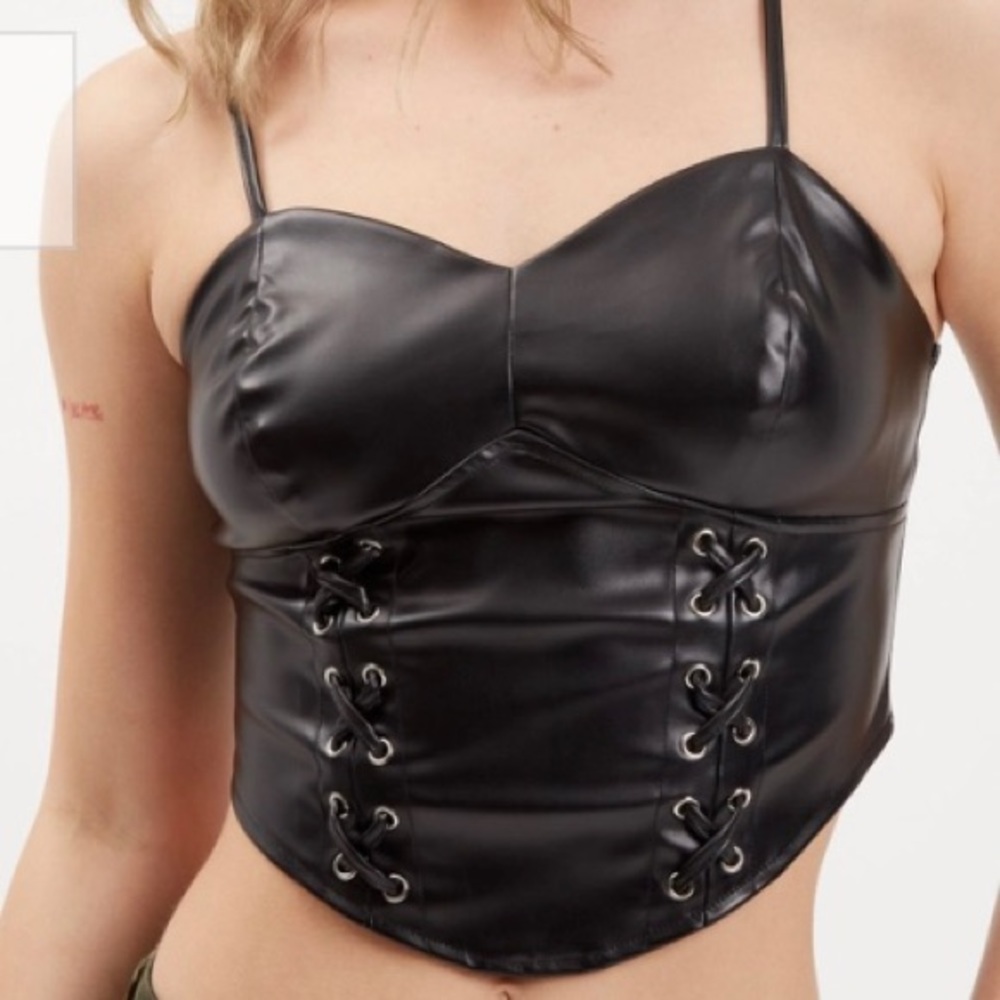 Black Lace Up Vegan Faux Leather Corset Top